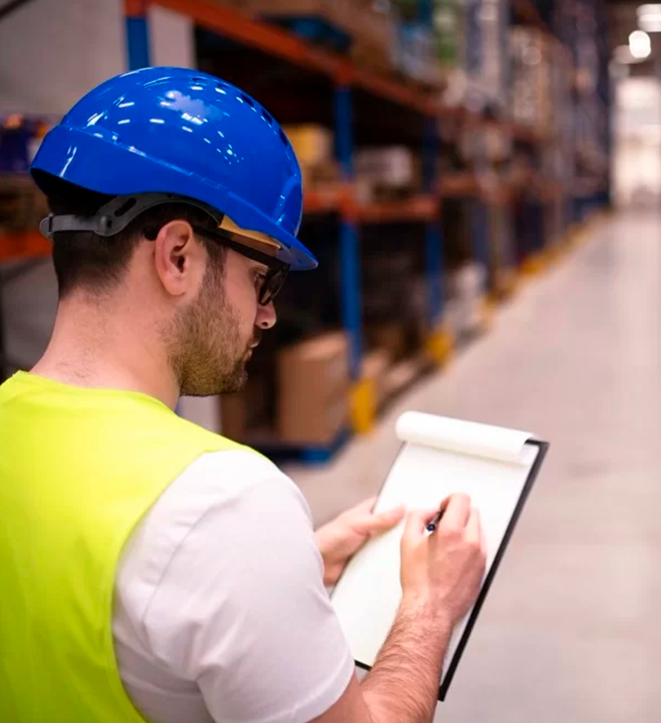 Homem com capacete azul anotando em uma prancheta.